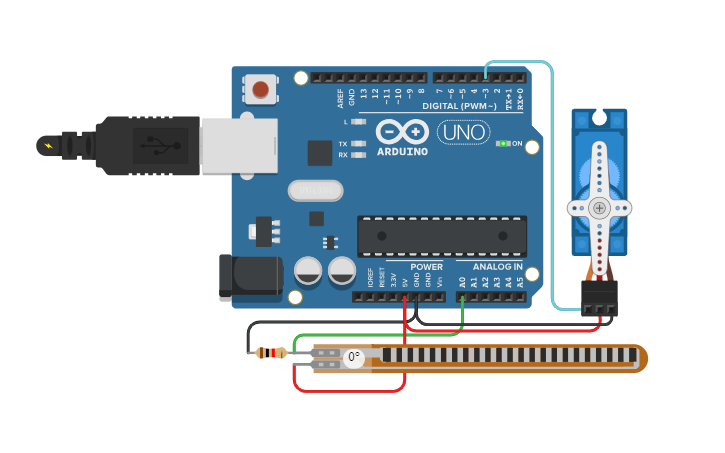 Circuit design controlle servo by flex sensor - Tinkercad