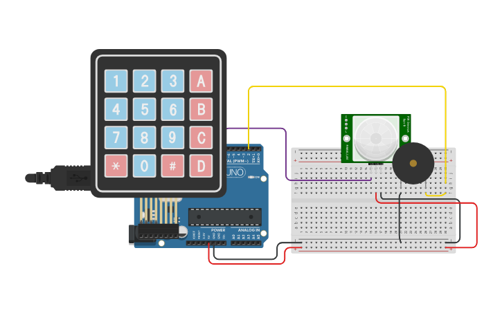 Circuit design Sistema de seguridad con sensor PIR - Tinkercad