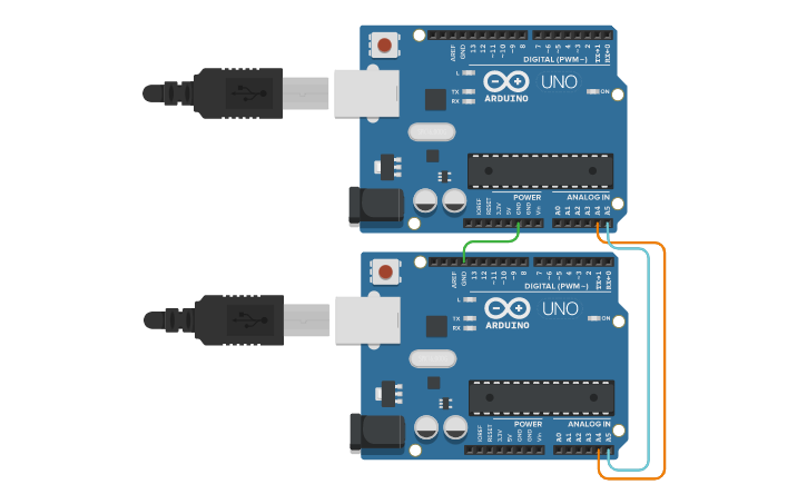 Circuit design Master sender/slave receiver example - Tinkercad