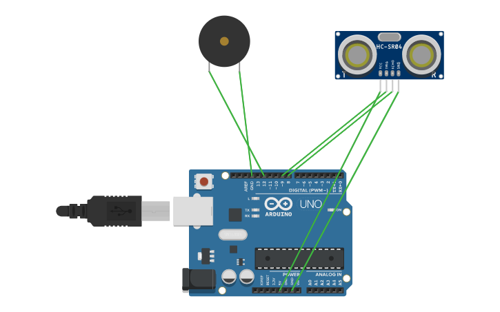 Circuit design Ultrasonic sensor with buzzer - Tinkercad
