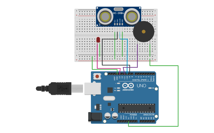 Circuit design Ultrasonic Sensor with buzzer - Tinkercad