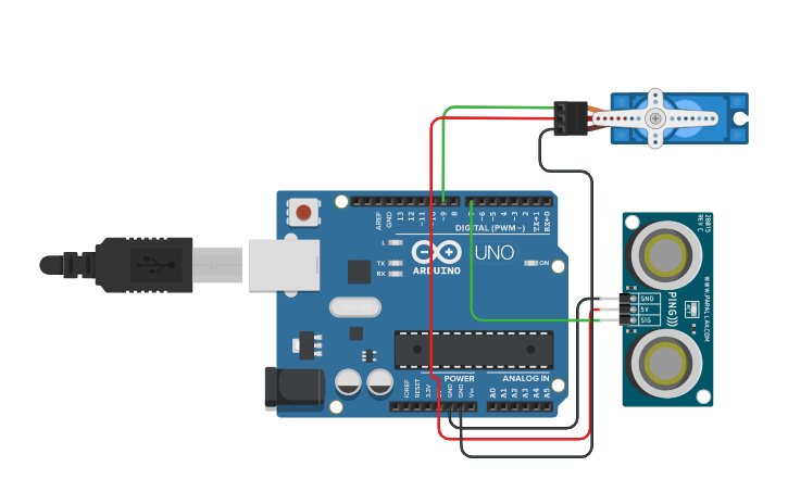 Circuit design Ultrasonico con servomotor - Tinkercad