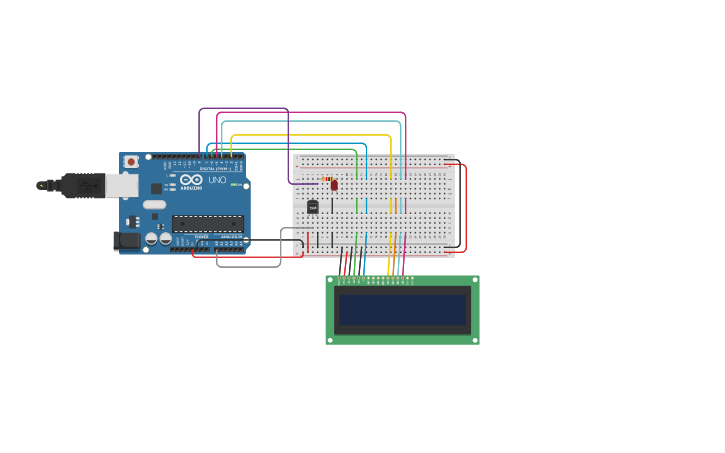 Circuit design Sensor de temperatura com LCD e LED | Tinkercad