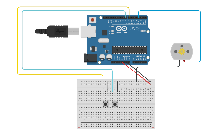 Circuit design Motor - On/Off buttons - Tinkercad