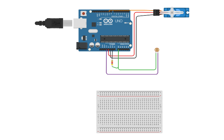 Circuit design Servo Motor(Controlled by Light Sensor) - Tinkercad