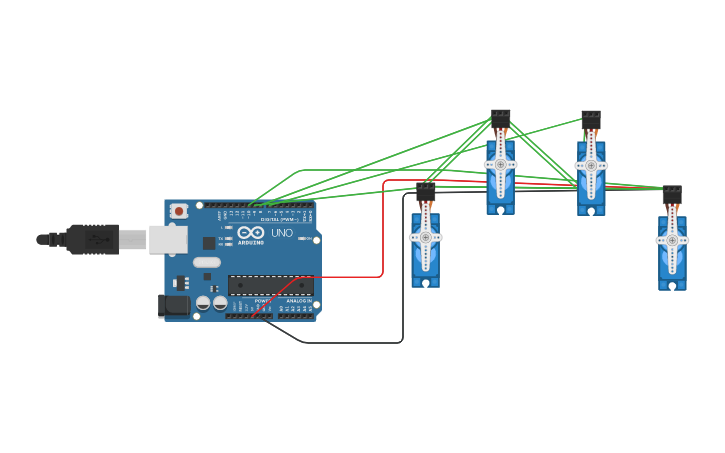 Circuit Design Arduino Controlled 4 Servos Tinkercad