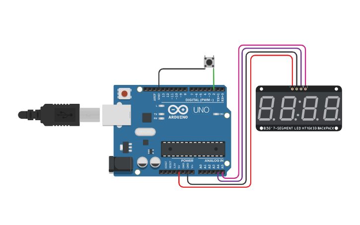 Circuit design Arduino StopWatch using I2C LED display - Tinkercad