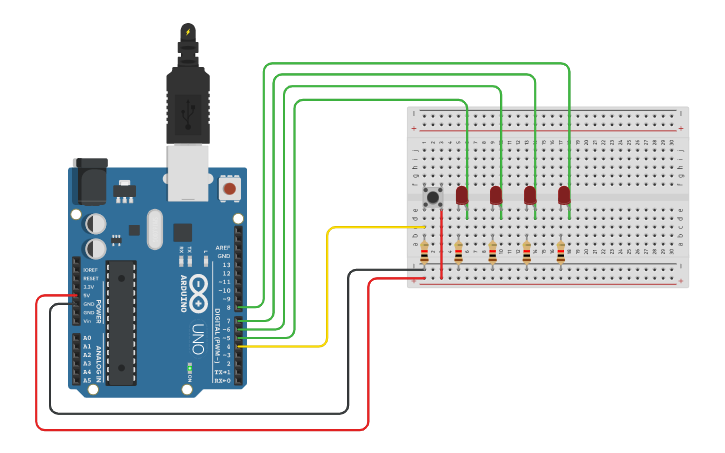 Circuit design LAB_03_SECUENCIA DE LEDS CON PULSADOR | Tinkercad