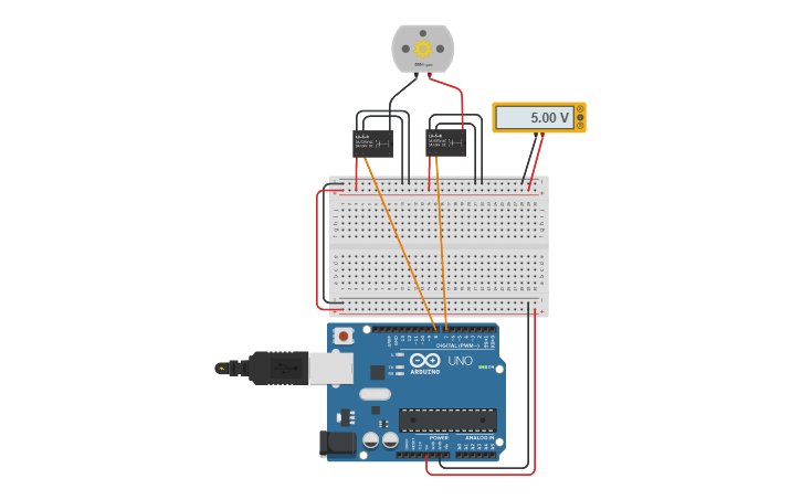 Circuit design 2 single relay and DC motor - Tinkercad