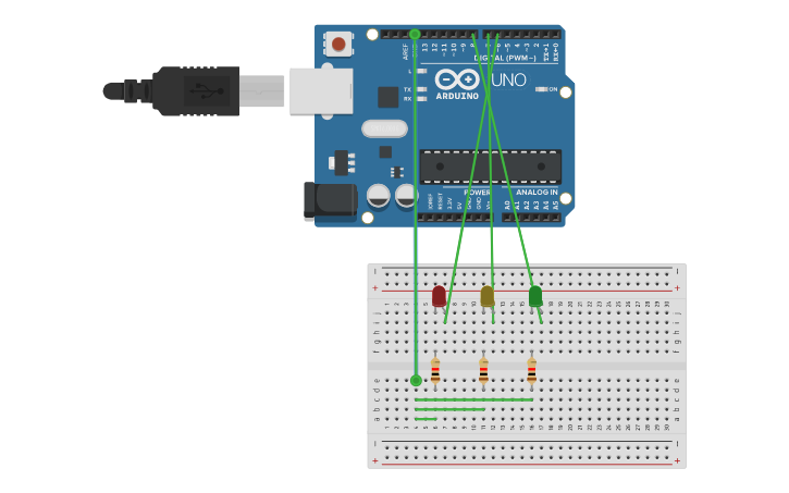 Circuit design PRACTICA 1: SECUENCIA BASICA DE 3 LED´S - Tinkercad