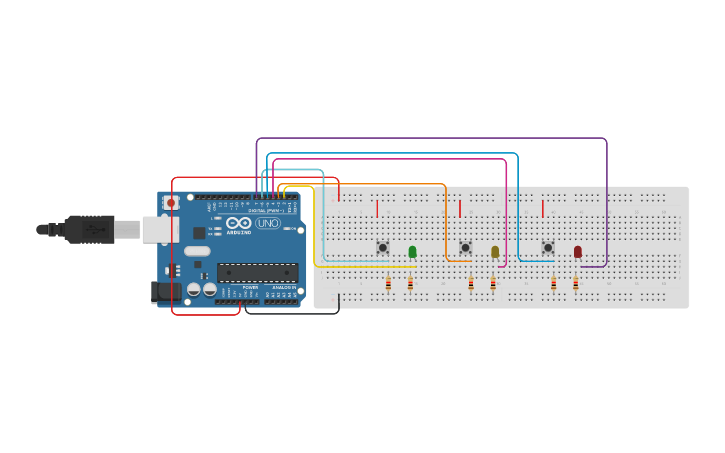 Circuit design Tres leds con tres pulsadores Paula Reyes Díaz | Tinkercad
