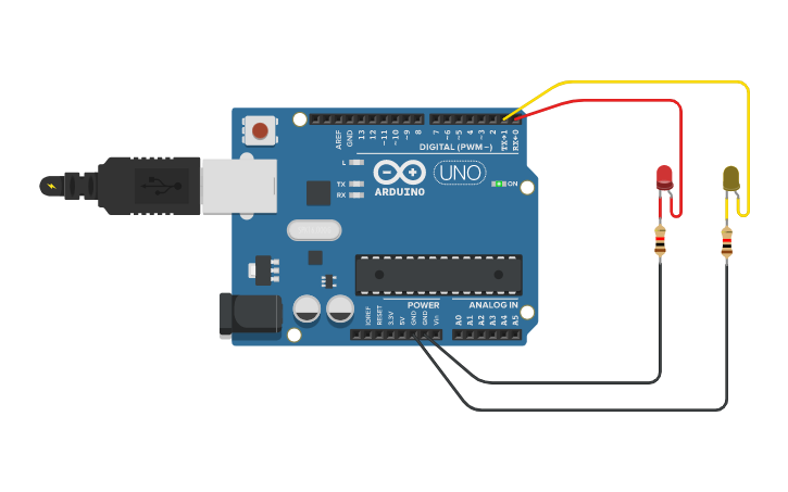 Circuit design Two Toggling LEDs | Tinkercad