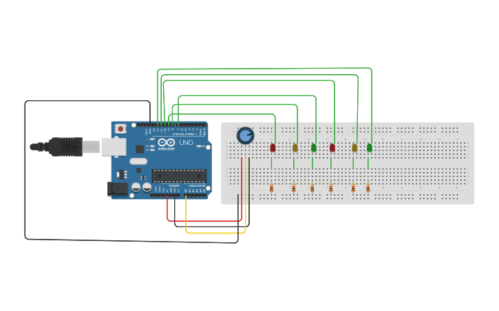 Circuit design ENCENDIDO DE 4 LED CON POTENCIOMETRO - Tinkercad