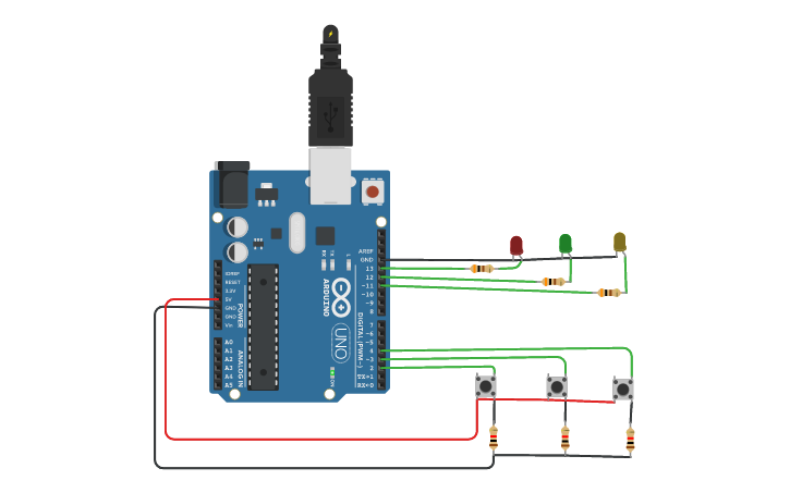 Circuit design 3 botões e 3 LEDs no Arduino com serial - Tinkercad
