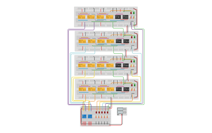 Circuit design 4 bits full adder, 16 SPDT y 8 DPDT - Tinkercad