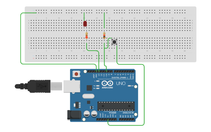 Circuit design Push Button and LED - Tinkercad