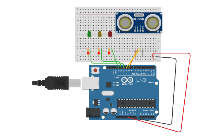 Circuit design ULTRASONICSENSOR WITH 3LEDS - Tinkercad