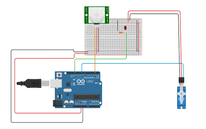 Circuit design PIR sensor with Servo motor_SaulSantoAnju | Tinkercad