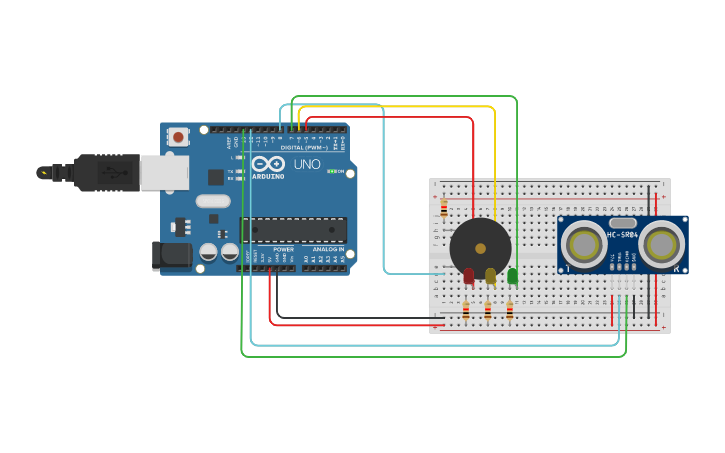 Circuit design buzzer y sensor de proximidad | Tinkercad
