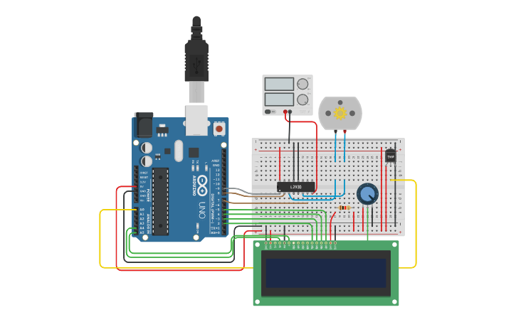 Circuit design LCD+ Tmp +DC Motor - Tinkercad