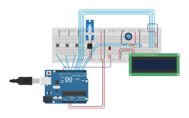 Circuit design SERVO + LED + LCD - Tinkercad