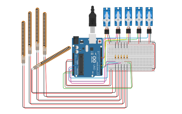 Circuit design Lesson 35: Flex Sensor (Robotic Hand) - Tinkercad