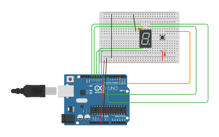 Circuit design Display 7 segmentos / Push button - Tinkercad