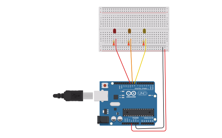 Circuit design Arduino Simulator 3 Blinking LEDs - Tinkercad