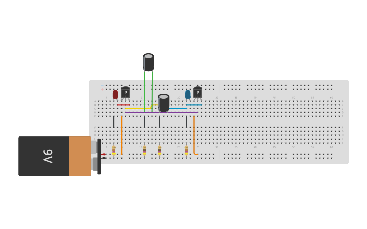 Circuit design Flashing LED using PNP transistors - Tinkercad