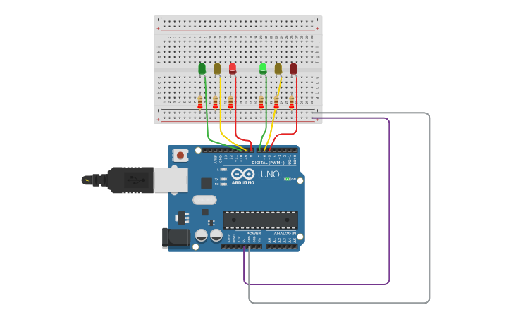 Circuit design incrocio con semafori - Tinkercad