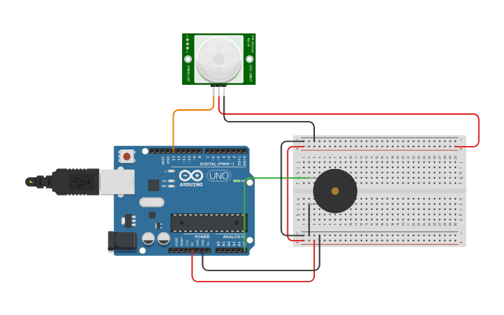 Circuit design Sensor PIR con Buzzer | Tinkercad