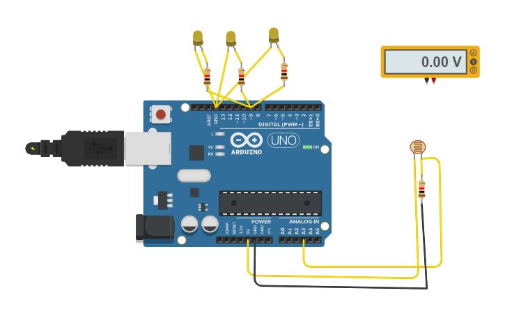 Circuit design Trabajo sensor de luz placa Arduino leds - Tinkercad