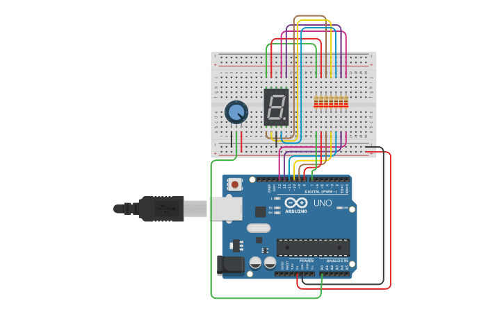 Circuit design 7-segment met potmeter - Tinkercad