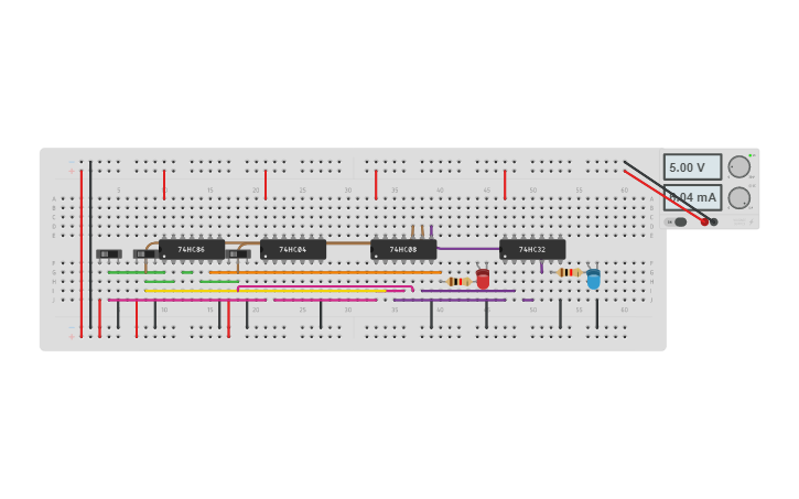Circuit design FULL SUBTRACTOR USING XOR,AND,NOT,and OR GATES - Tinkercad image.