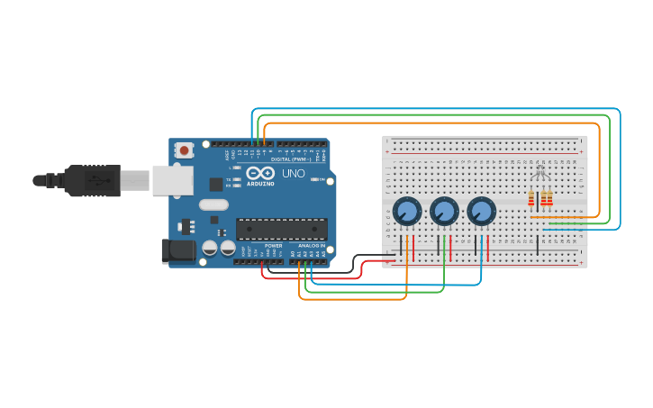 Circuit design Potenciometro y Led RGB - Tinkercad