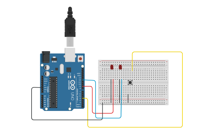 Circuit design push button with 2 led - Tinkercad
