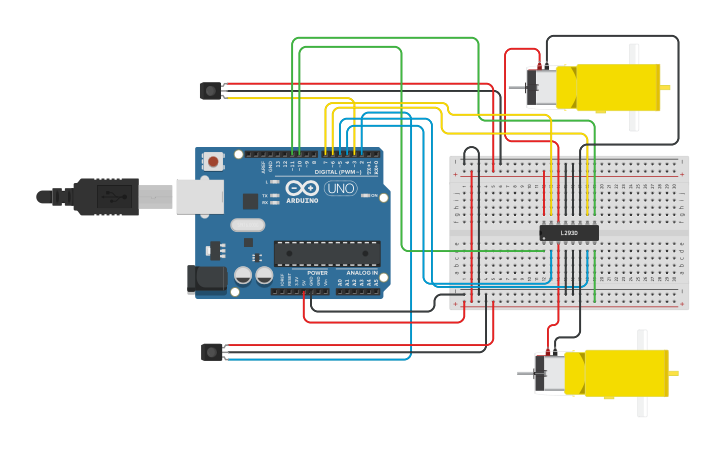 Circuit design 2 IR sensors follow line robot - Tinkercad