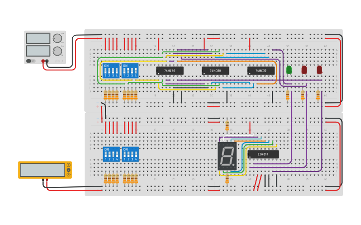 Circuit design 10. 2 Bit Full Adder with 7 Segments Display - Tinkercad