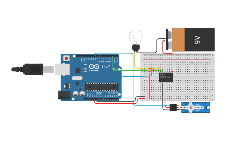 Circuit design Relay and Servo - Tinkercad