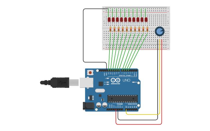Circuit design Blink 10 led (co bien tro) - Tinkercad