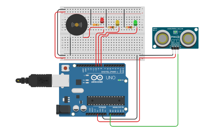 Circuit design ultrasonic sensor - Tinkercad