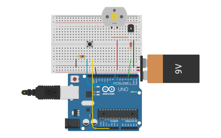 Circuit design motor con on/off boton | Tinkercad
