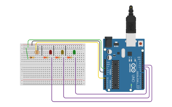 Circuit design Circuito de leds con fotorresistencia | Tinkercad