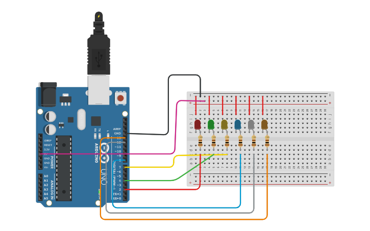 Circuit design LEDs In a Row | Tinkercad