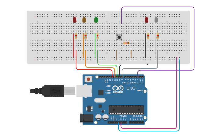 Circuit design Semáfaro de carros e pedestres - Tinkercad