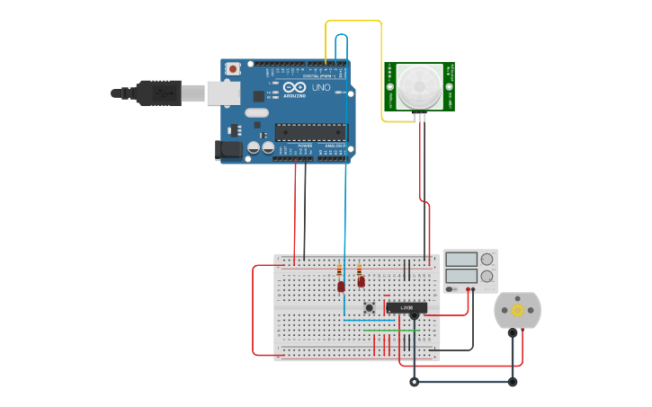 Circuit design actividad 9 pir-motor cd | Tinkercad