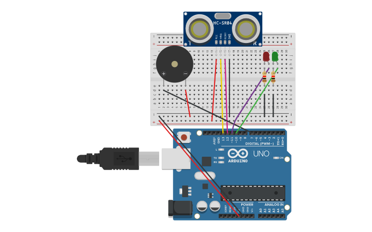 Circuit Design Ultrasonic Sensor With Buzzer Tinkercad