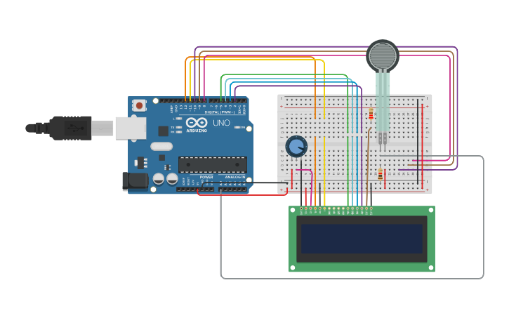 Circuit design Pressure Sensitive resistor with LCD & LED - Tinkercad