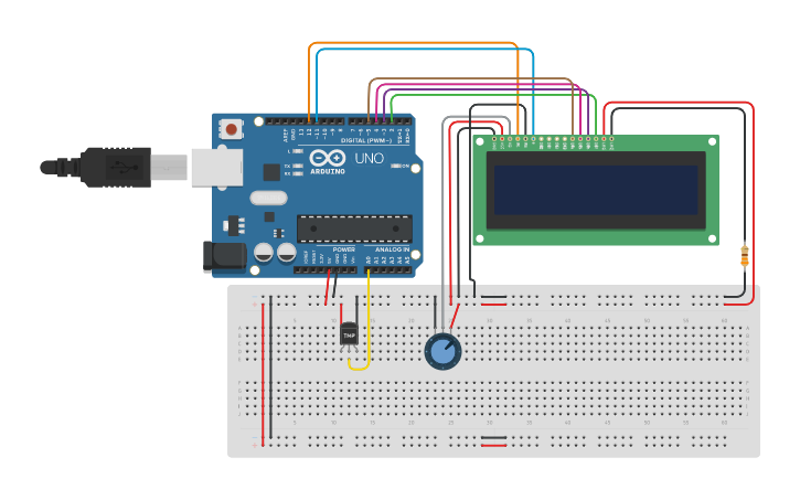 Circuit design Termómetro LCD | Tinkercad