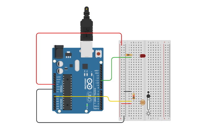 Circuit design A6.4.2 LDR mit LED | Tinkercad